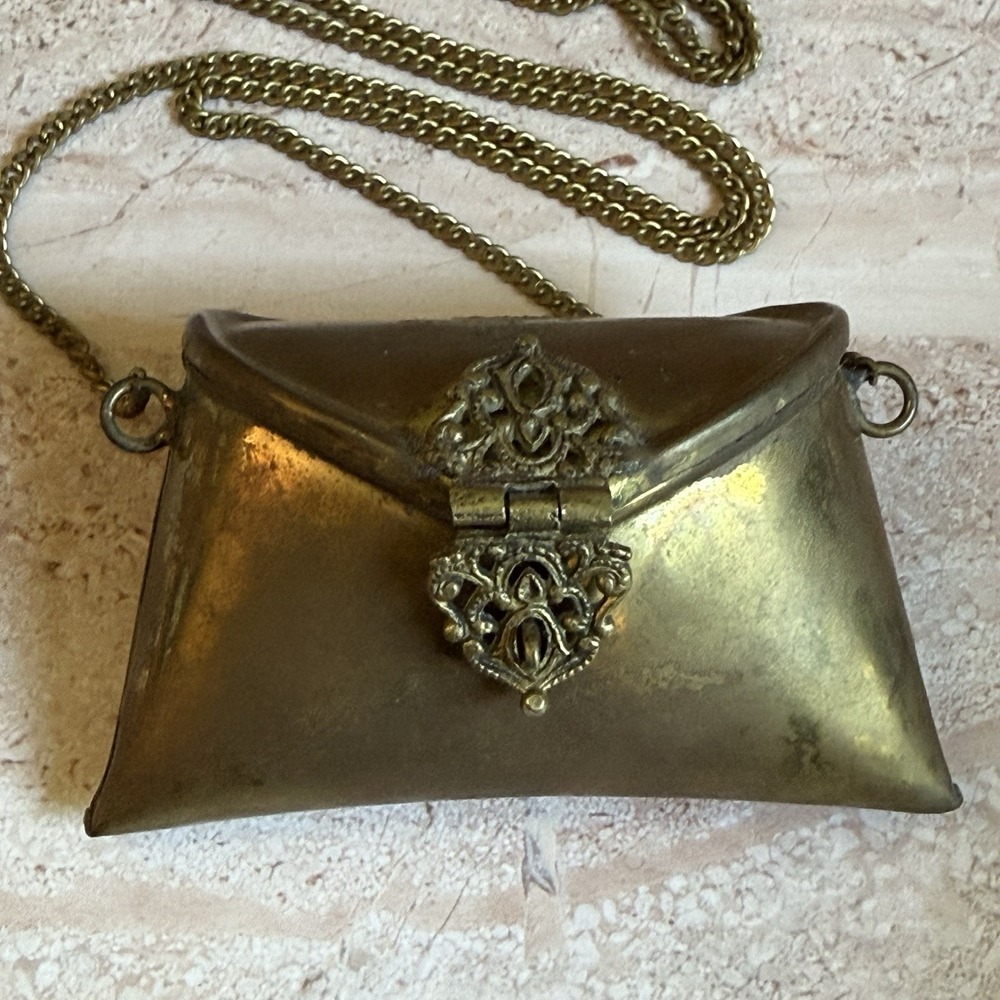 Vintage Art Deco Brass Pillow Purse Black Velvet Lined Minaudière Filigree Clasp